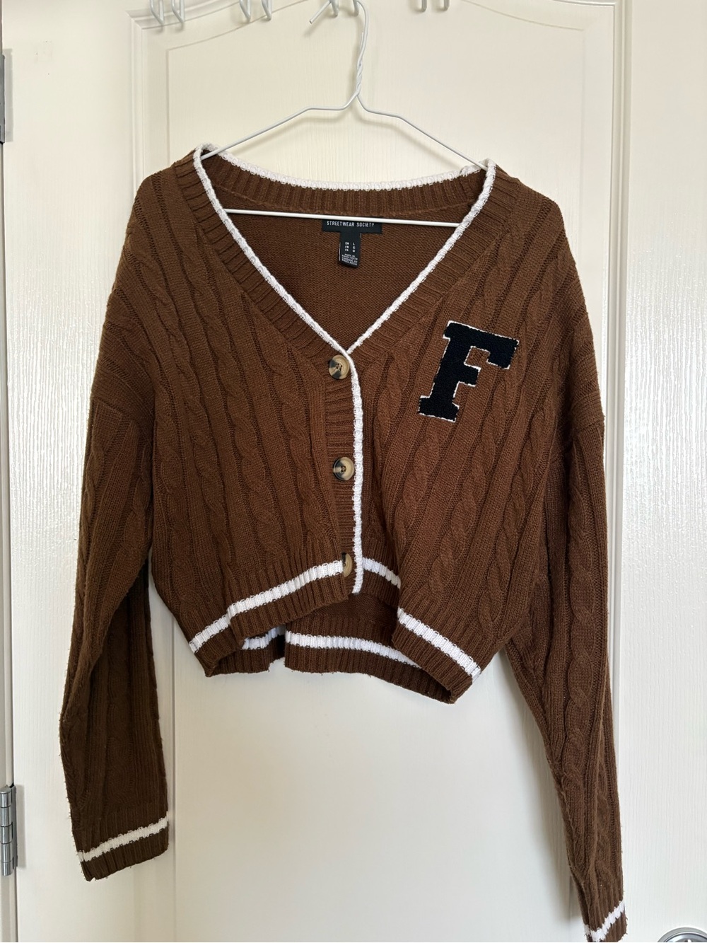 Streetwear Society Varsity Brown Cable-Knit Cardigan with White Trim